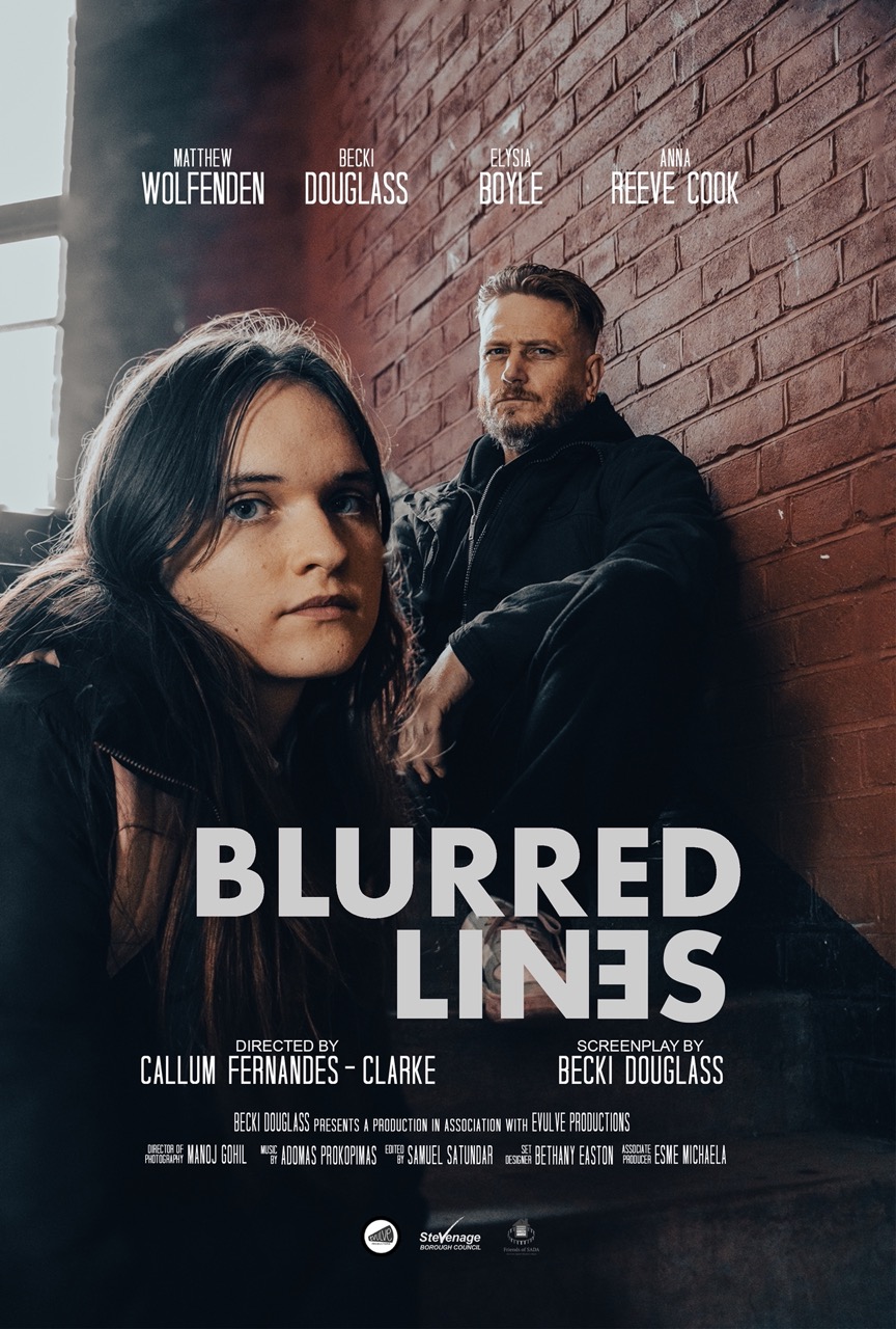 Blurred Lines Poster. Two figures sat on the stairs, younger girl with dark hair and dark clothes with tougher older man further up. Both looking straight at the camera.